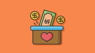 Image of box with a heart on it with money going into it on an orange background.